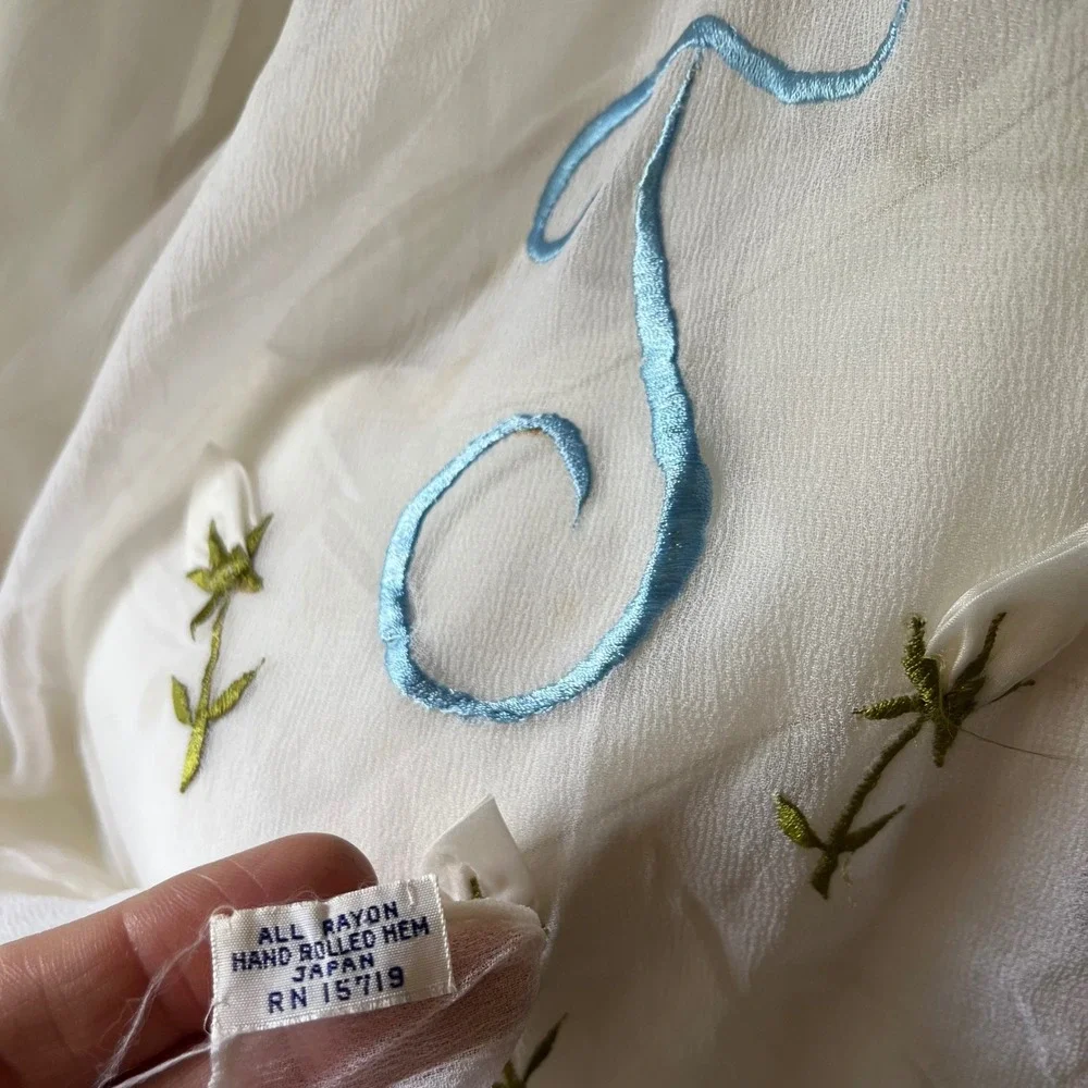 Vintage Bridal Scarf White Sheer Rayon Floral Embroidered Japan‎ 15x50